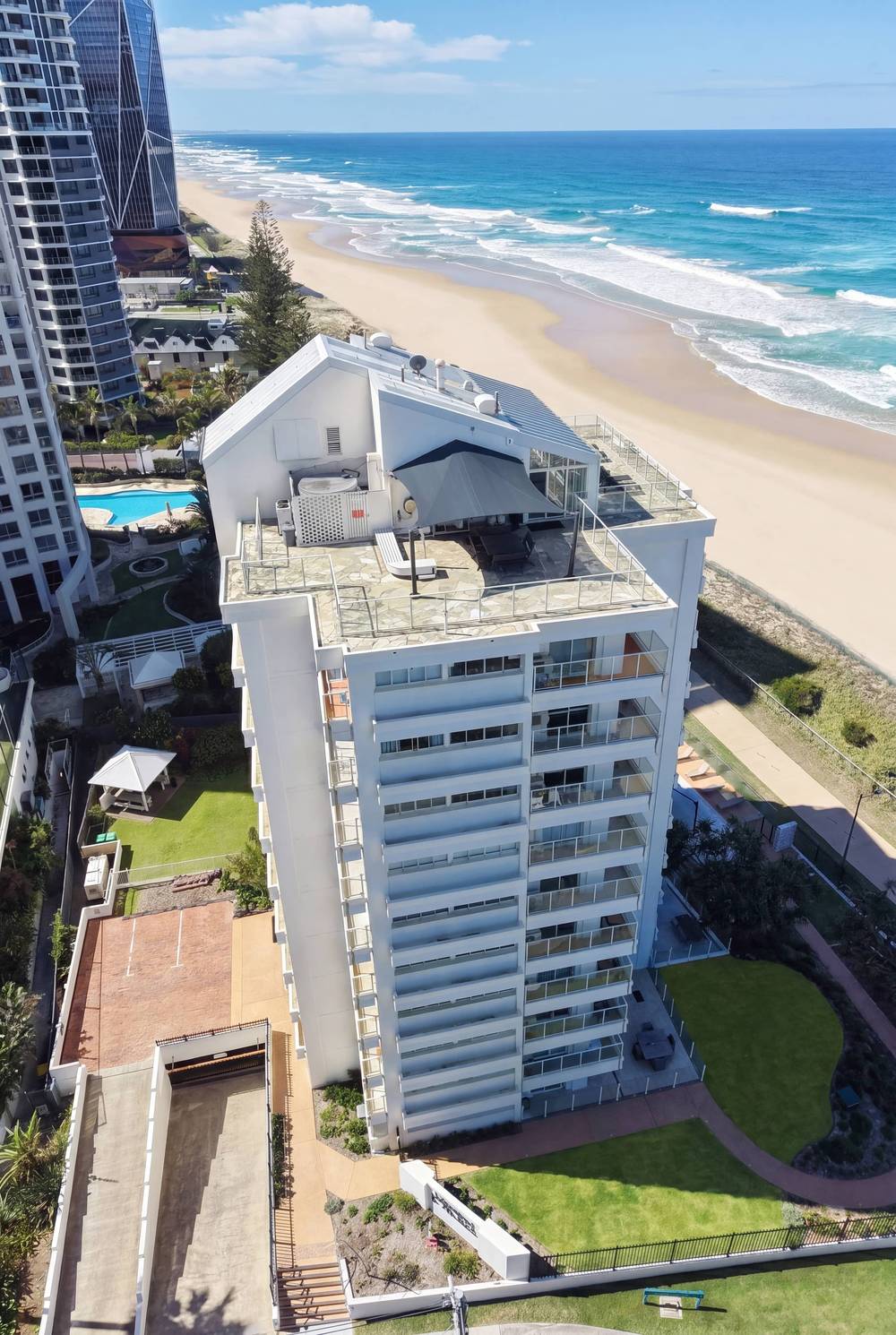 Aerial view of Viscount on the Beach beside the sand